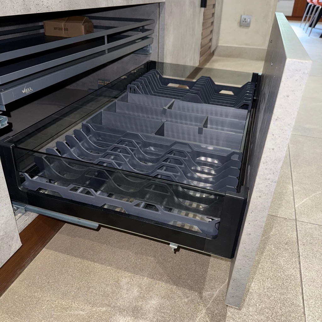 CUTLERY ORGANIZER HOB TRAY GLASS SIDED STEEL BOTTOM GREY -WELLMAX