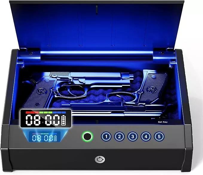 Open-Top Bedside Biometric Pistol safe with Clock