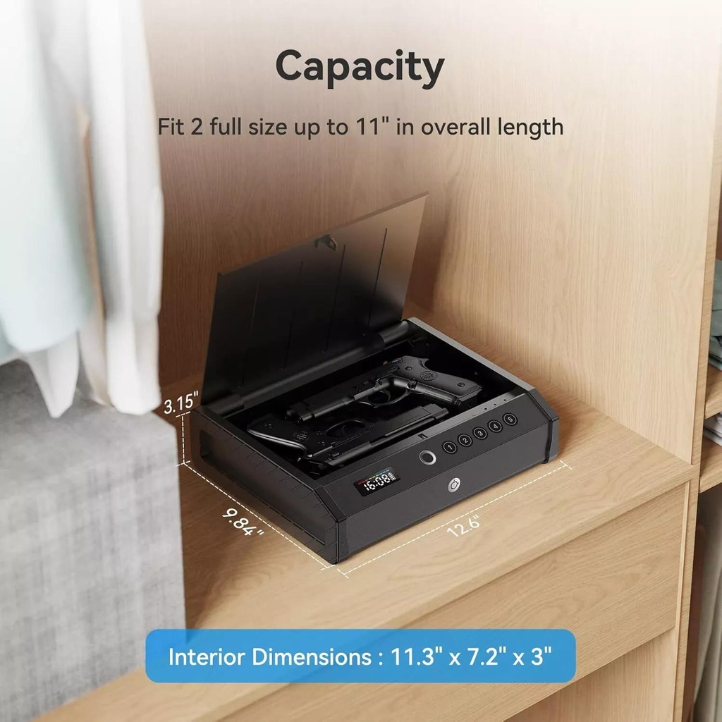 Open-Top Bedside Biometric Pistol safe with Clock