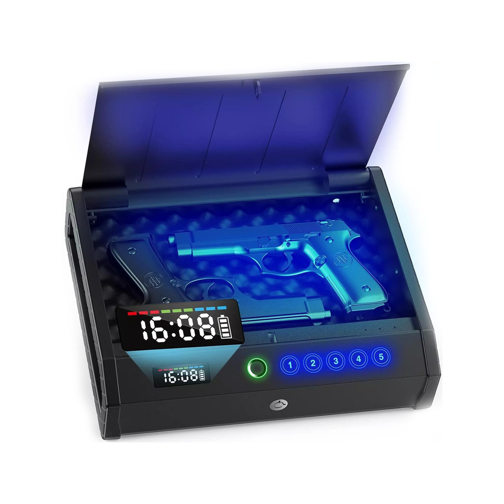 Open-Top Bedside Biometric Pistol safe with Clock